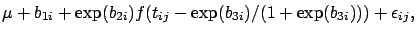 $\displaystyle \mu + b_{1i} + \exp (b_{2i})
f(t_{ij}-\exp (b_{3i})/(1+\exp (b_{3i}))) + \epsilon_{ij},$